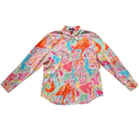 CHAPS By Ralph Lauren Women’s XL Pink Orange Paisley 100% Cotton Button Blouse - Picture 2 of 14